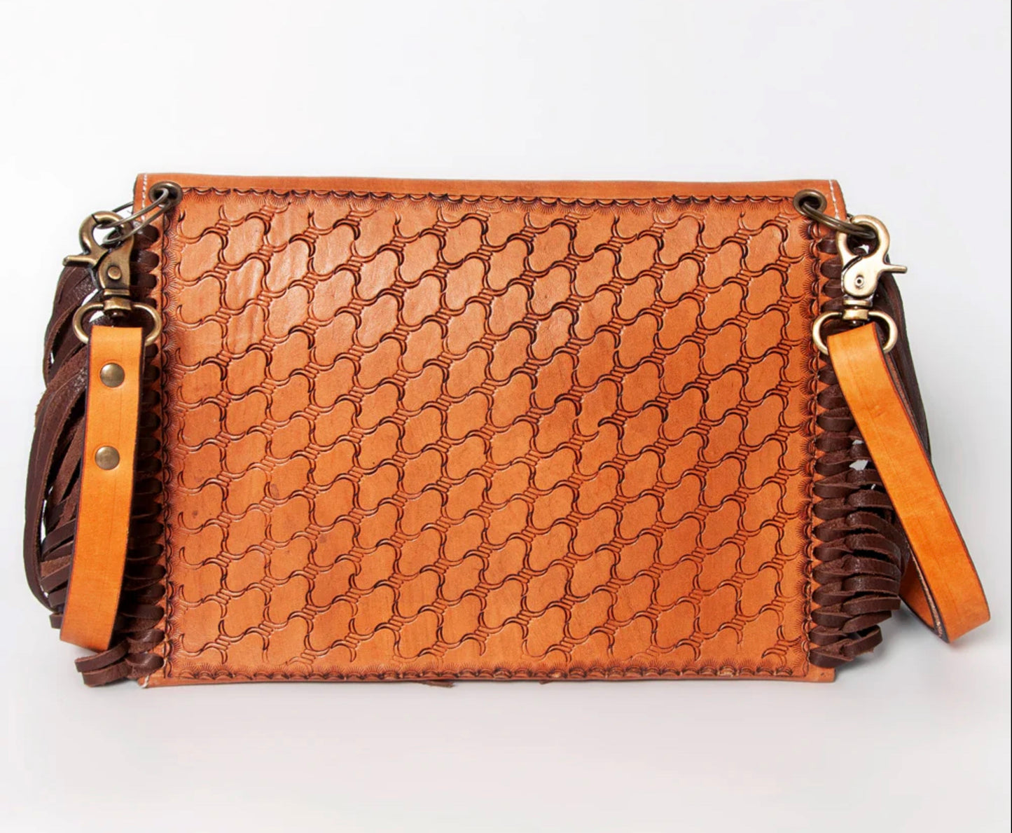 Hand Tooled Floral Carved Leather Fringe Envelope Women