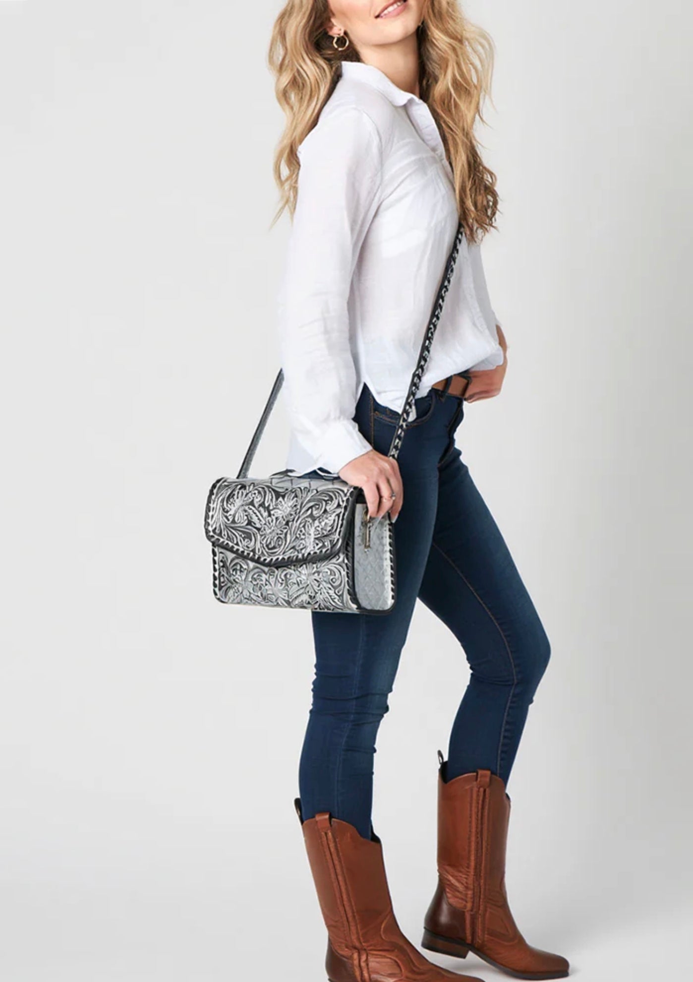 American Darling Hand Tooled Floral Leather Crossbody Bag Western Purse
