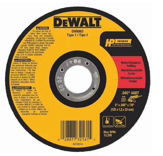 Disco de corte abrasivo de óxido de aluminio tipo 1 Dewalt de 5", orificio de mandril de 7/8", espesor de 0,045"