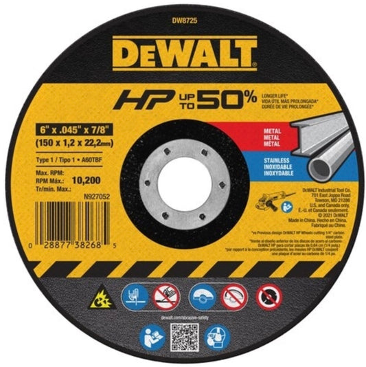 Disco de corte abrasivo de óxido de aluminio tipo 1 Dewalt de 6", diámetro del orificio de 7/8", espesor de 0,045"