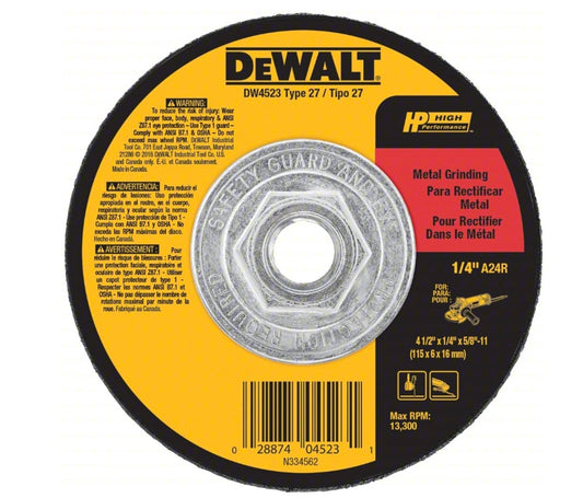 Discos Dewalt tipo 27 de 4-1/2" con centro hundido, óxido de aluminio, mandril de 5/8", grosor de 0,2500", 13300 RPM